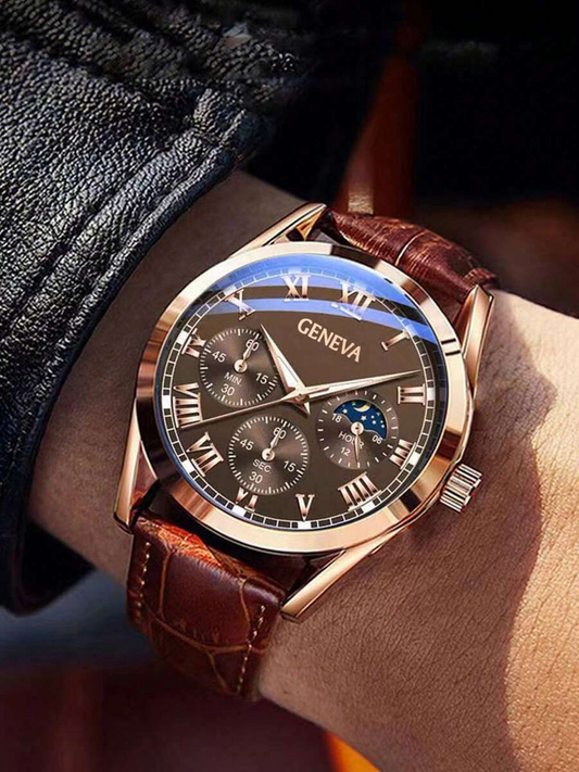 1pc Men's Business Casual Three-Eye Roman Dial Quartz Leather Strap Watch, Suitable For Graduation Gift, Father's Day, Birthday, Halloween Gift