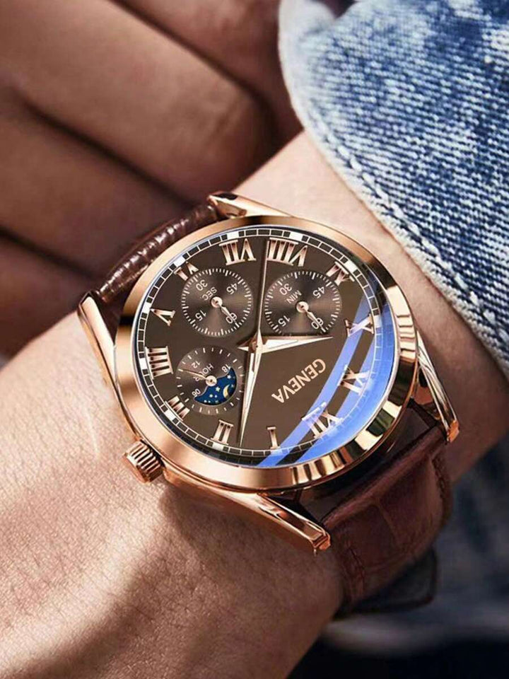 1pc Men's Business Casual Three-Eye Roman Dial Quartz Leather Strap Watch, Suitable For Graduation Gift, Father's Day, Birthday, Halloween Gift
