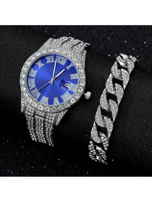 1pc Men's Quartz Stainless Steel Band Colorful Wrist Watch And 1pc Bracelet