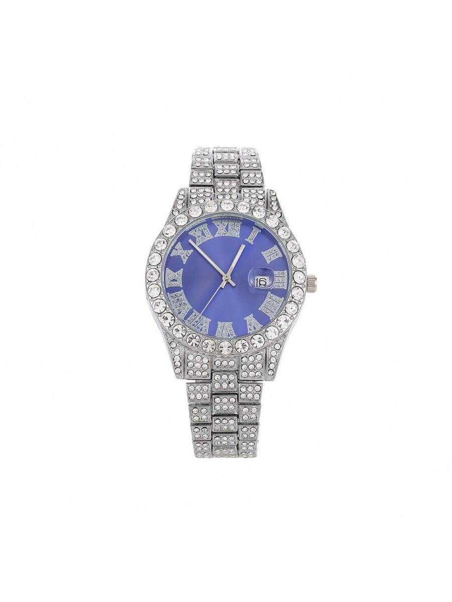 1pc Men's Quartz Stainless Steel Band Colorful Wrist Watch And 1pc Bracelet
