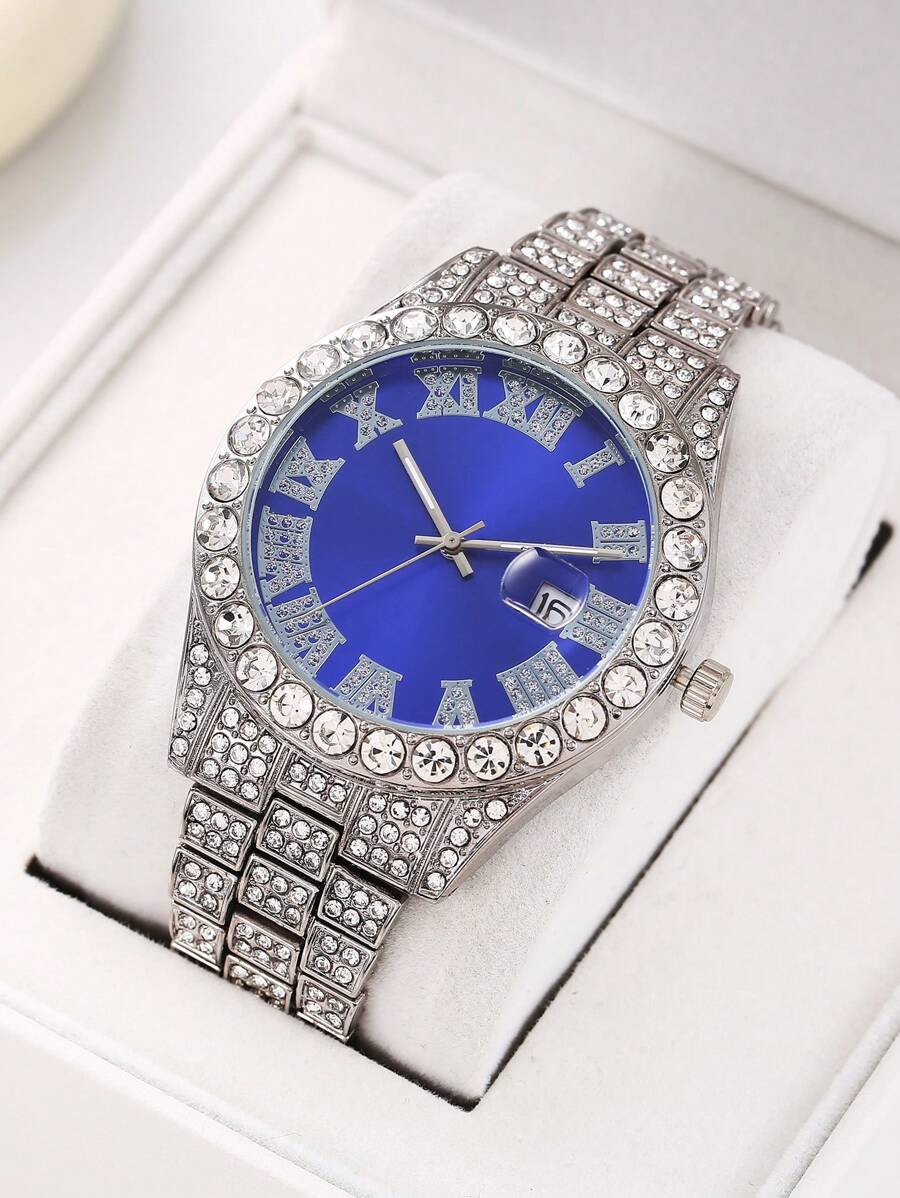 1pc Men's Quartz Stainless Steel Band Colorful Wrist Watch And 1pc Bracelet