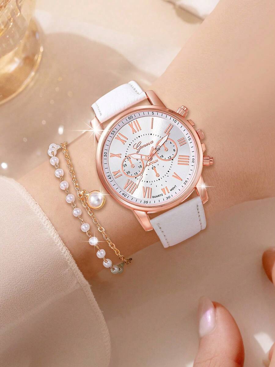 5Pcs/Set Women Watch Elegant Love Dial Quartz Watches With Artificial Pearls Necklace Earrings Bracelet Jewelry Set Mother's Day,Suitable For Daily Wear, Back-To-School Season, Graduation Season, Thanksgiving, Couples, The Best Gifts Watch Box Not Include