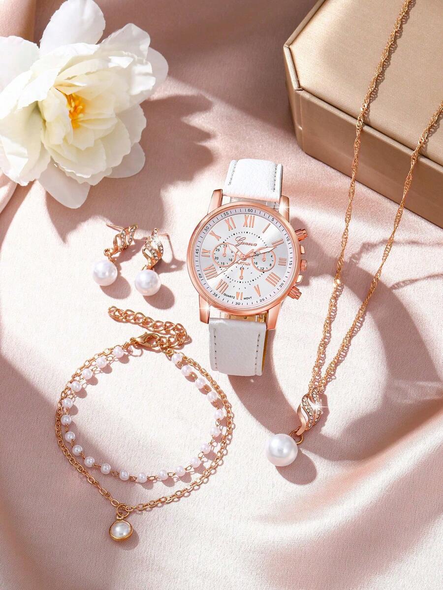 5Pcs/Set Women Watch Elegant Love Dial Quartz Watches With Artificial Pearls Necklace Earrings Bracelet Jewelry Set Mother's Day,Suitable For Daily Wear, Back-To-School Season, Graduation Season, Thanksgiving, Couples, The Best Gifts Watch Box Not Include
