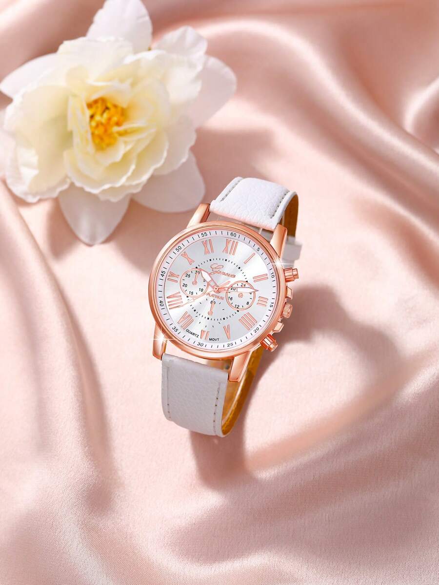 5Pcs/Set Women Watch Elegant Love Dial Quartz Watches With Artificial Pearls Necklace Earrings Bracelet Jewelry Set Mother's Day,Suitable For Daily Wear, Back-To-School Season, Graduation Season, Thanksgiving, Couples, The Best Gifts Watch Box Not Include