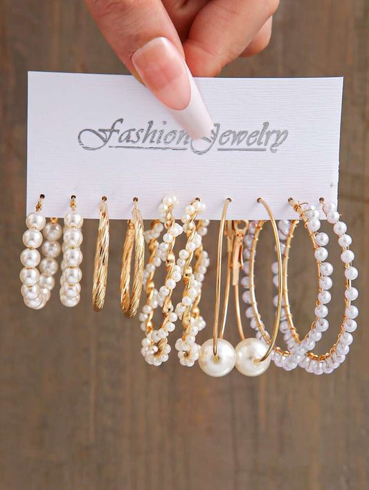 5pairs Faux Pearl Decor Hoop Earrings