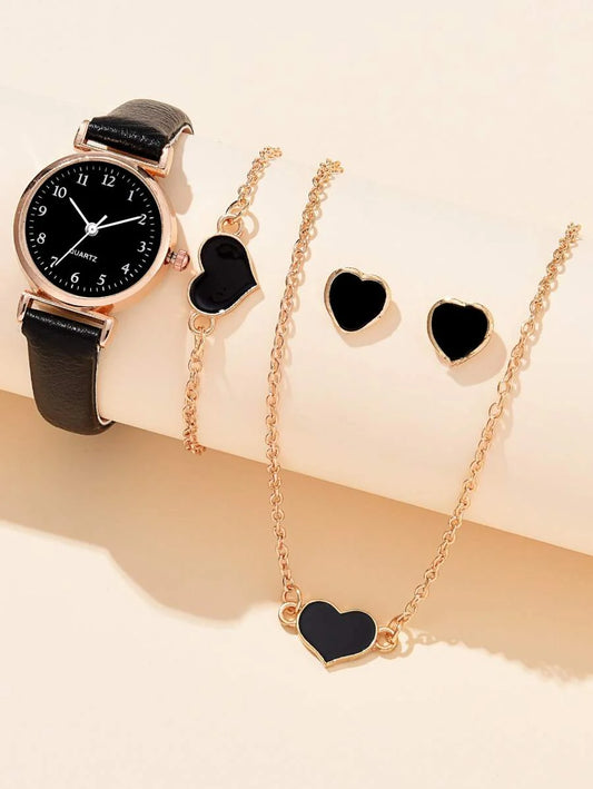 1pc Ladies Watch Quartz Watch & 4pcs Bracelet Necklace Earrings Heart Decor Jewelry Set Valentines