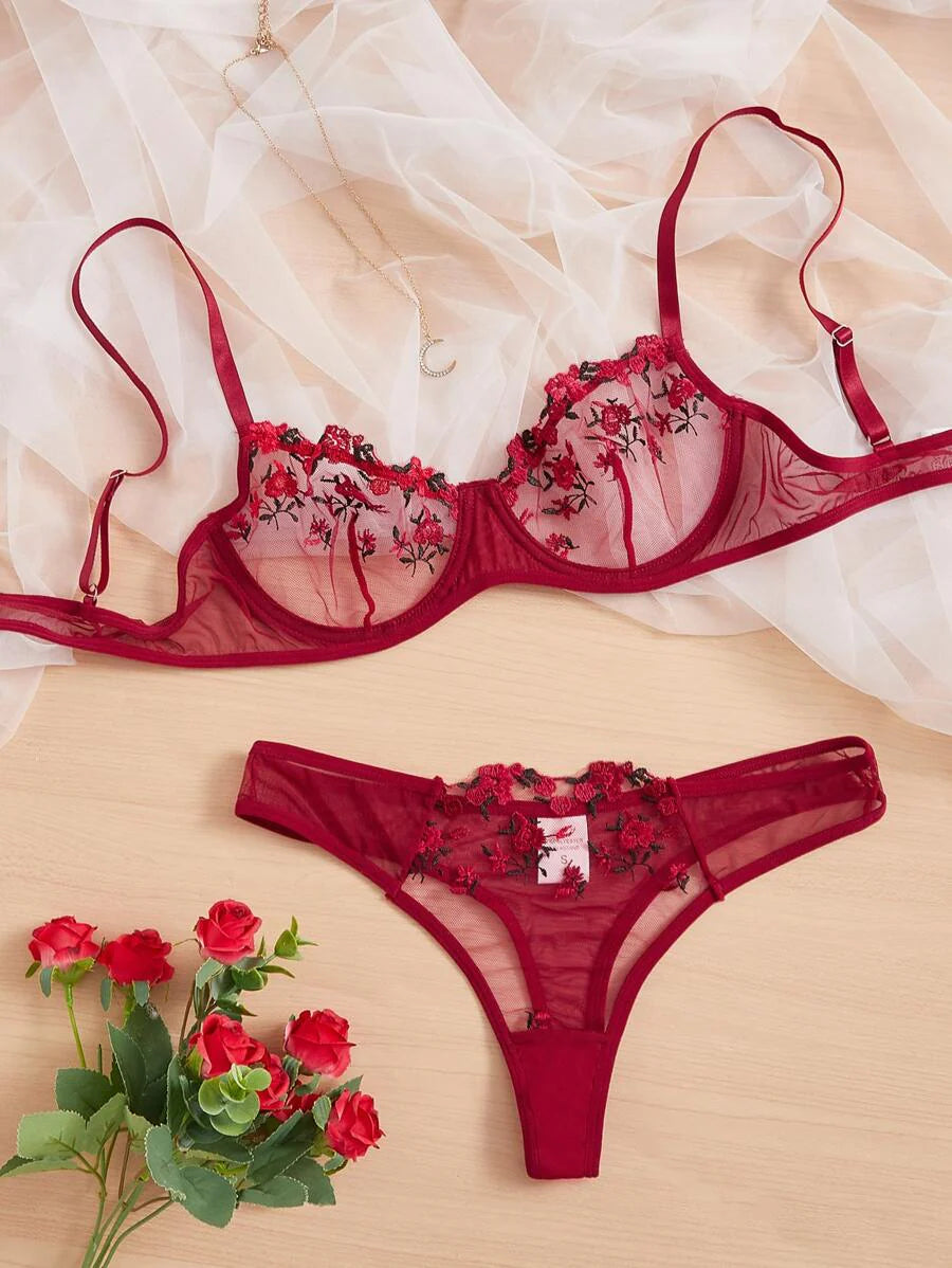 Floral Embroidery Mesh Underwire Bra & Panty Lingerie Set