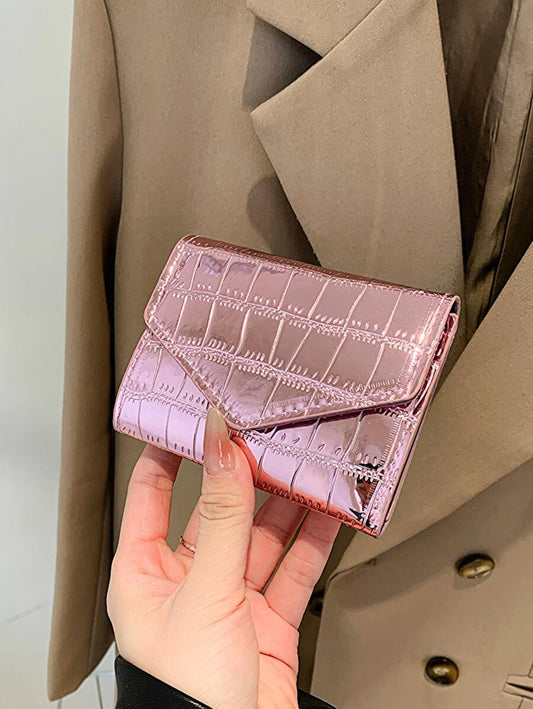 Metallic Crocodile Embossed Pocket Wallet Small Bi-Fold Slim Women Wallet PU Leather ID Card Minimalist Fashion Modern Business Anniversary On Valentine Day For Birthday GiftFemale Lady Girls Women Gift Gift Bag Present Gifts For Teachers Hot Pink Busines