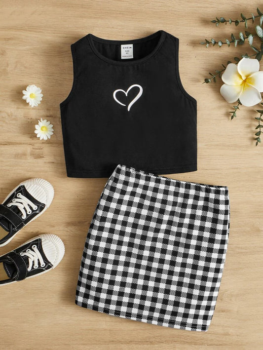 SHEIN Young Girl Heart Print Tank Top & Gingham Skirt