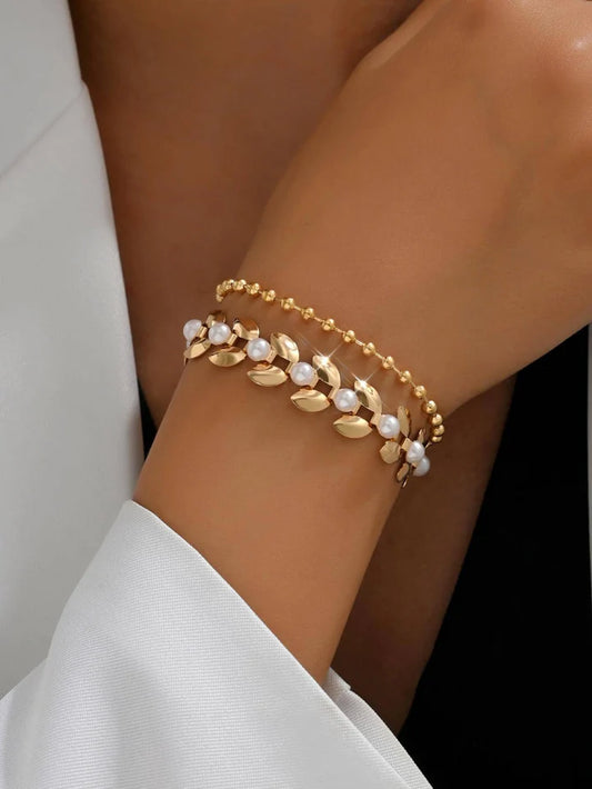 2pcs Women Gold Wheat Ear Charm Bracelet (Customized Length, Adjustable Pearl & Crystal Quantity)