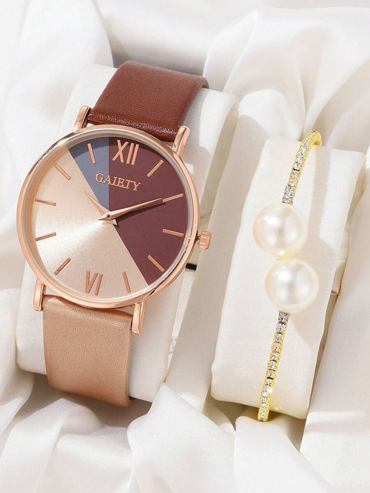 GAIETY 1pc Ladies Watch Women Khaki & Coffee Brown PU Polyurethane Strap Fashion Round Dial Quartz Watch & 1pc Zinc Alloy Rhinestone Faux Pearl Decor Bangle Bracelet, For Daily Life Holiday