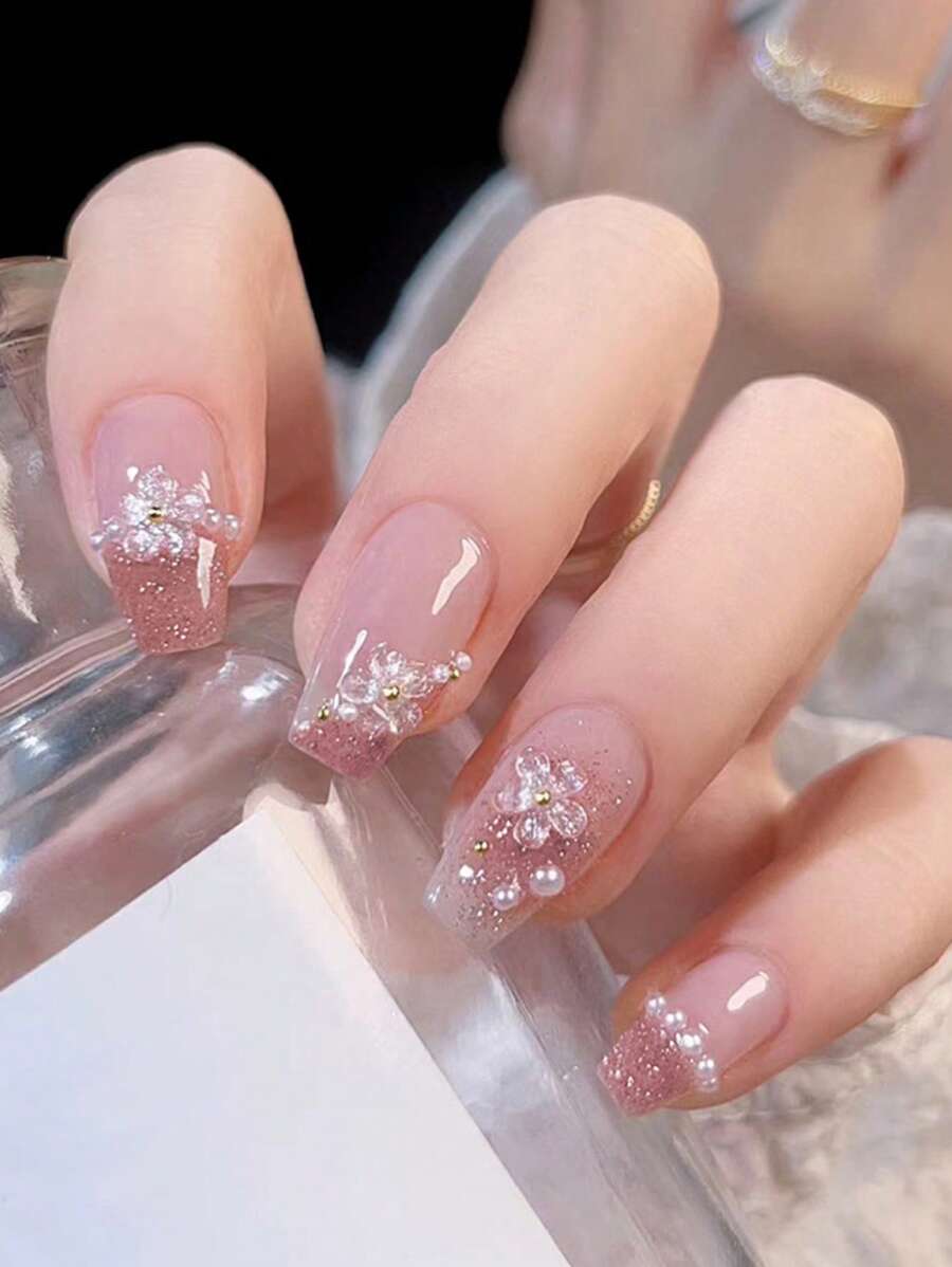 Upgrade Your Look With 24pcs Long Coffin Faux Pearl Decor Full Cover Fake Nail Set Press On Nails Nail Supplies