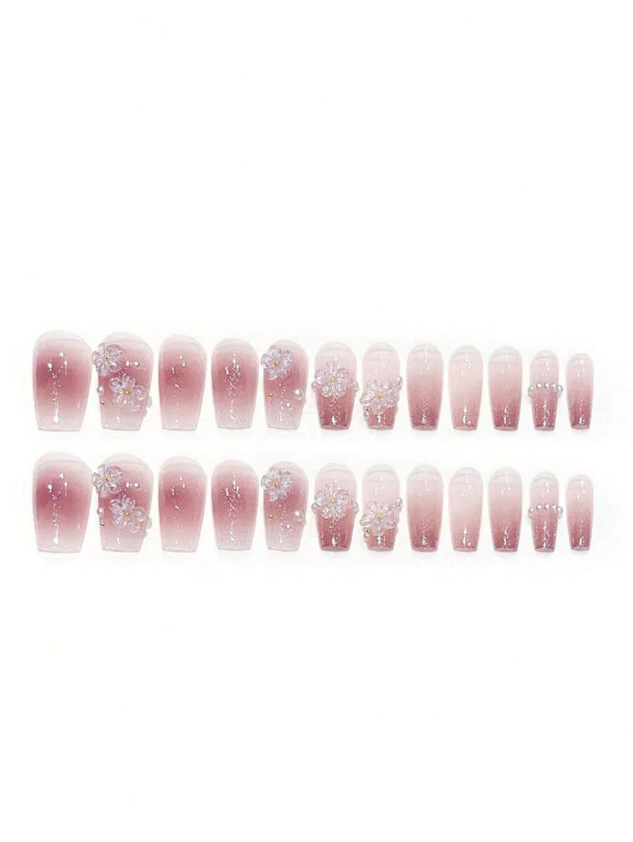 Upgrade Your Look With 24pcs Long Coffin Faux Pearl Decor Full Cover Fake Nail Set Press On Nails Nail Supplies