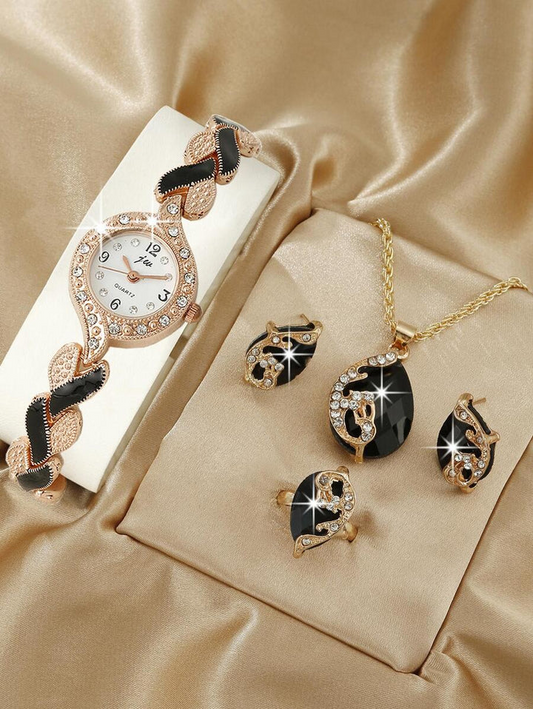 1pc Watch For Women Two Tone Stainless Steel Strap Glamorous Rhinestone Decor Round Dial Quartz Watch & 4pcs Jewelry Set, For Daily Life As A Gift For Students Returning To School