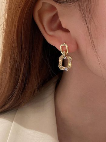 1pair Fashion Stainless Steel Cubic Zirconia Decor Geometric Drop Earrings For Women For Daily Decoration