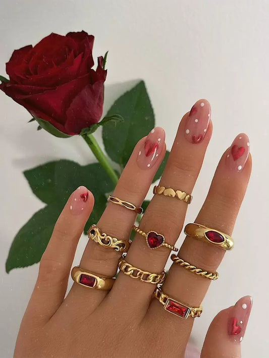 9pcs/set Creative Hollow Out Chain & Heart Shaped Ring, Minimalist Gemstone-embellished Ring Set