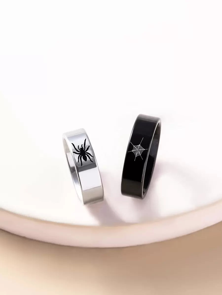 suteyi 2pcs Stainless Steel Spider Print Couple Rings, Halloween Spider Dark Rings