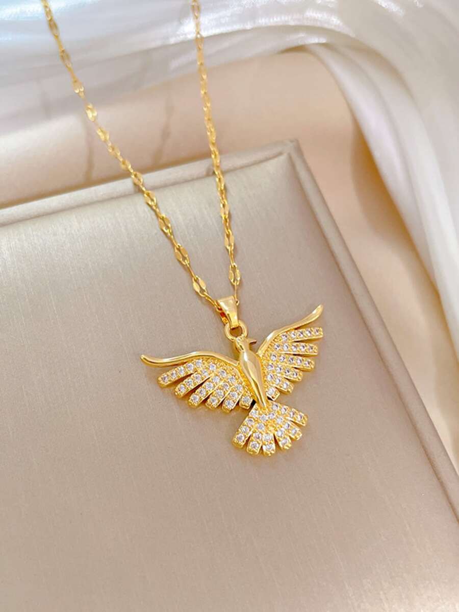 1pc Stainless Steel Phoenix Bird Open Wings Pendant Necklace For Women, Daily Wear