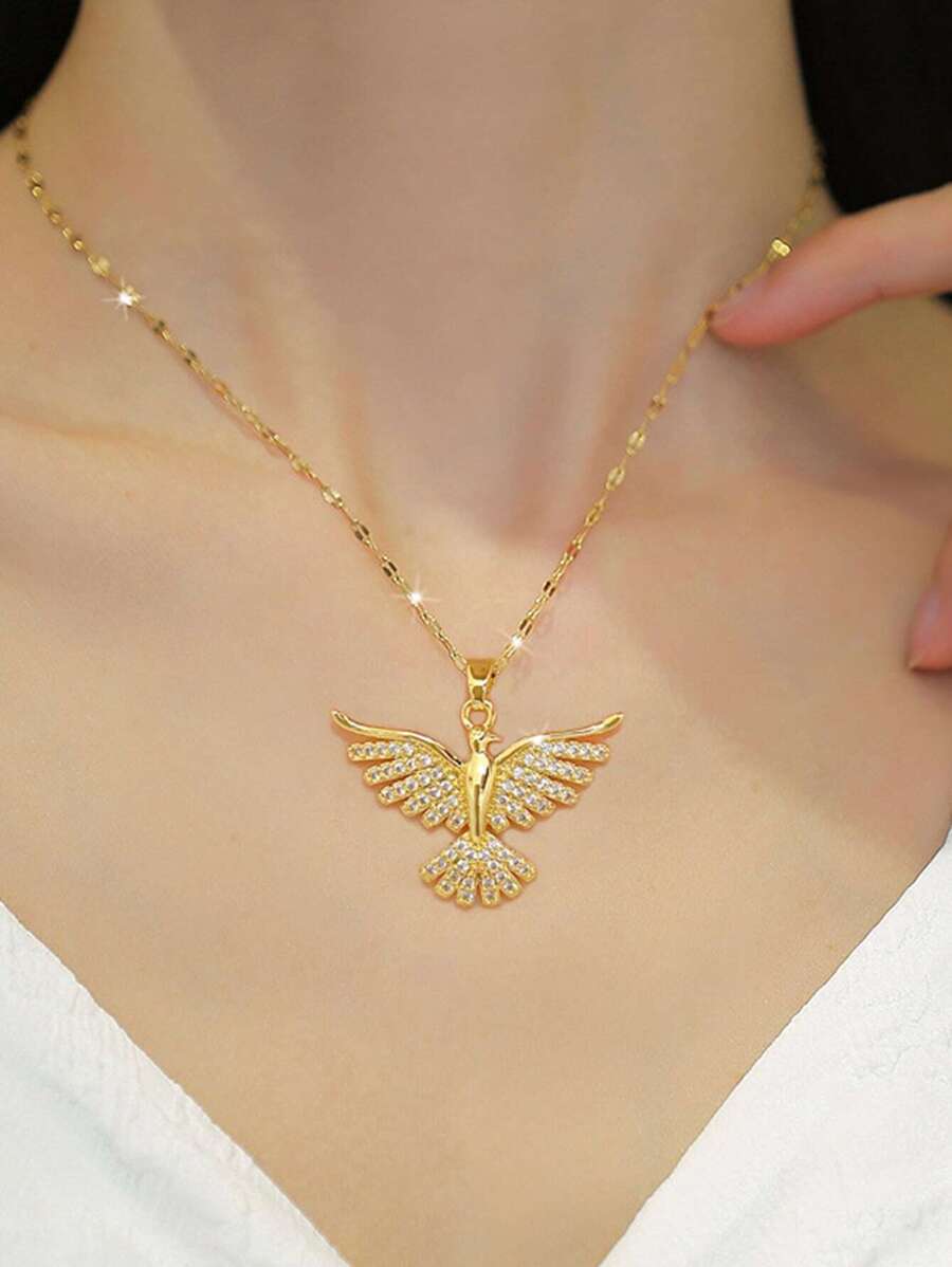 1pc Stainless Steel Phoenix Bird Open Wings Pendant Necklace For Women, Daily Wear