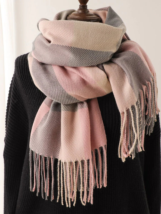 1pc Woman Winter New Head Scarf Imitation Cashmere Plaid Ladies Scarves , Simple Fashion Tassel Ring Scarf Warm Shawl Blanket Unisex Cold, Suitable For Winter Scarf
