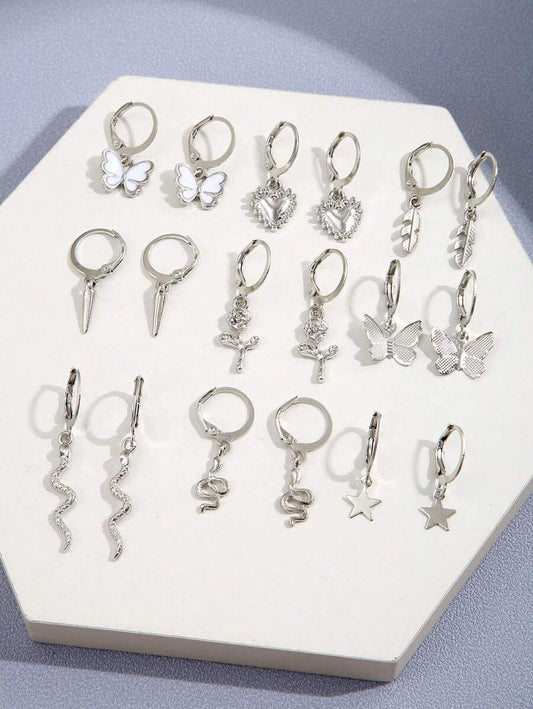 18pcs Fashionable Butterfly Hearts 5-pointed Star Flower Leaf Decorated Earrings Set Suitable For Ladies' Daily Wear