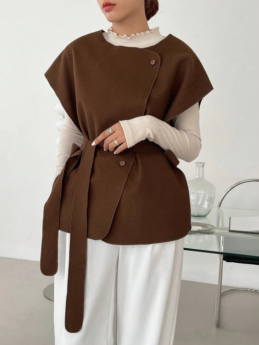 Dazy-Less Casual Solid Color Jacket, Autumn/Winter, Ladies Spring/Fall Casual Belted, Button Batwing Sleeve Round Neck Loose Brown Plain Women Overcoats, Casual Daily Wear