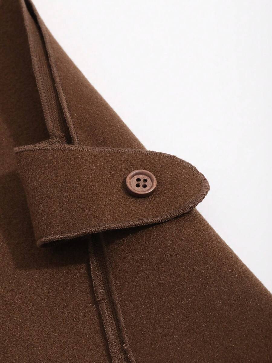 Dazy-Less Casual Solid Color Jacket, Autumn/Winter, Ladies Spring/Fall Casual Belted, Button Batwing Sleeve Round Neck Loose Brown Plain Women Overcoats, Casual Daily Wear