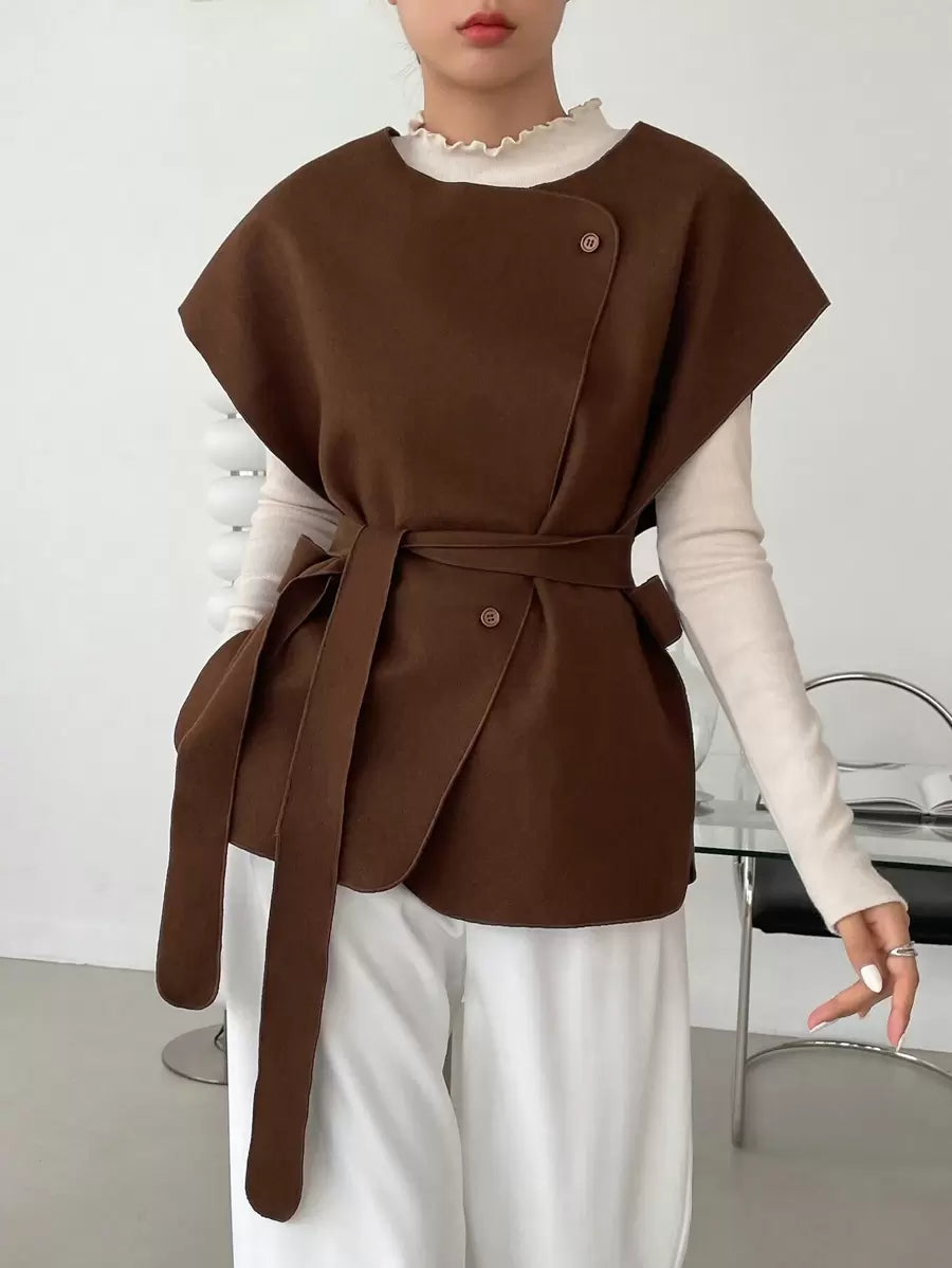 Dazy-Less Casual Solid Color Jacket, Autumn/Winter, Ladies Spring/Fall Casual Belted, Button Batwing Sleeve Round Neck Loose Brown Plain Women Overcoats, Casual Daily Wear