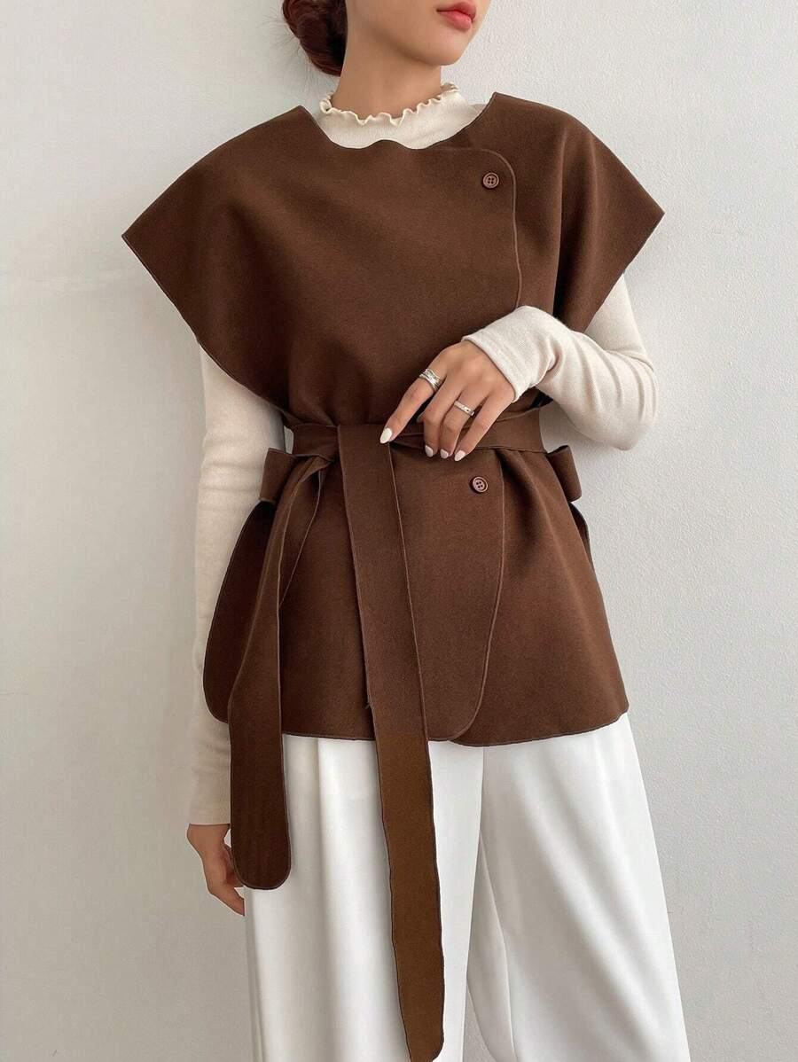 Dazy-Less Casual Solid Color Jacket, Autumn/Winter, Ladies Spring/Fall Casual Belted, Button Batwing Sleeve Round Neck Loose Brown Plain Women Overcoats, Casual Daily Wear