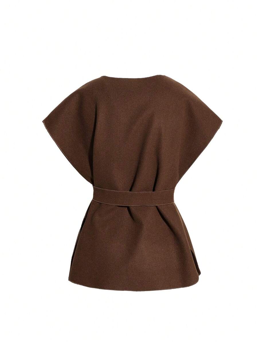 Dazy-Less Casual Solid Color Jacket, Autumn/Winter, Ladies Spring/Fall Casual Belted, Button Batwing Sleeve Round Neck Loose Brown Plain Women Overcoats, Casual Daily Wear