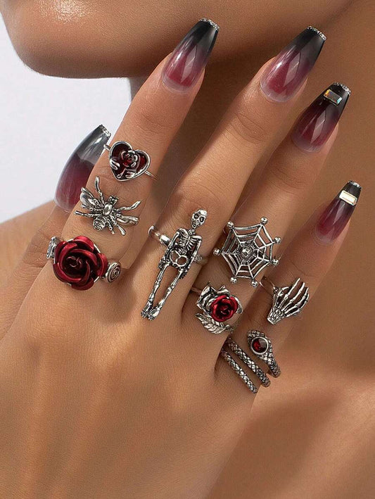 8 Pcs Gothic Rose Skull Skeleton Vampire Spider Decor Stacked Goth Rings Set For Women Valentines