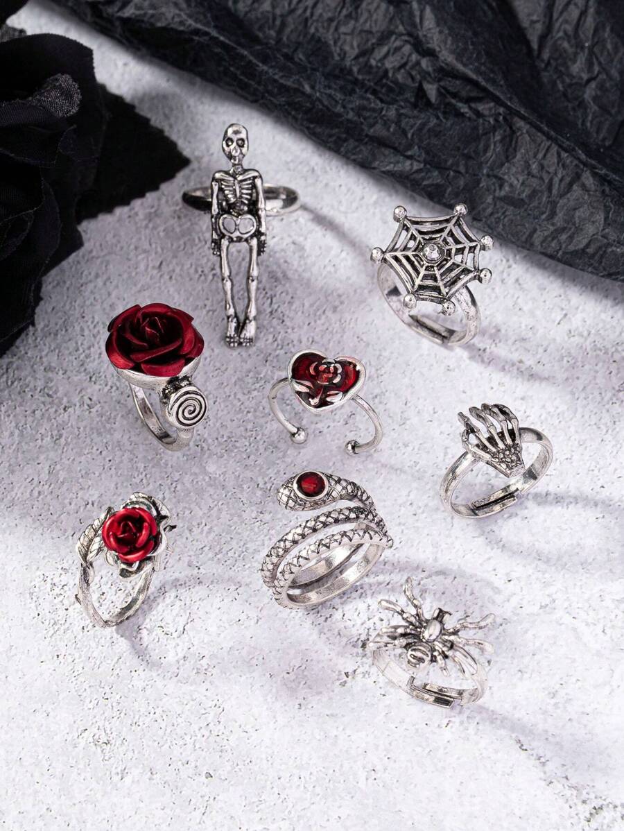 8 Pcs Gothic Rose Skull Skeleton Vampire Spider Decor Stacked Goth Rings Set For Women Valentines