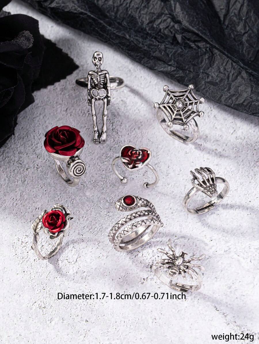 8 Pcs Gothic Rose Skull Skeleton Vampire Spider Decor Stacked Goth Rings Set For Women Valentines