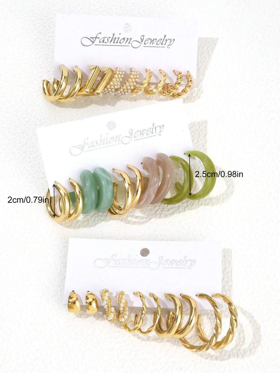 15pairs/Set Fashionable Metal Faux Pearl & Acrylic Resin C-Shaped Decor Earrings Set, Suitable For Daily Wear