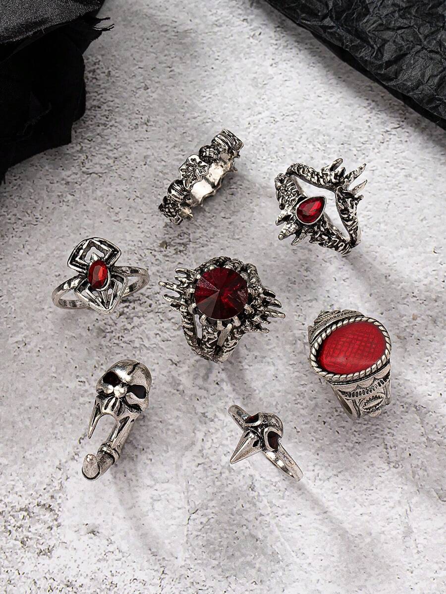 8 Pcs Gothic Rose Skull Skeleton Vampire Spider Decor Stacked Goth Rings Set For Women Valentines