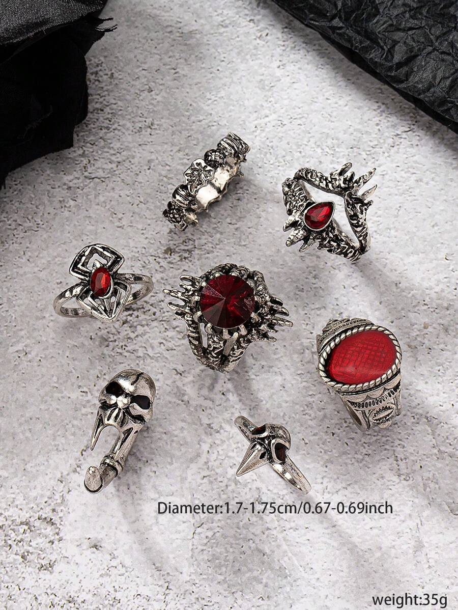 8 Pcs Gothic Rose Skull Skeleton Vampire Spider Decor Stacked Goth Rings Set For Women Valentines