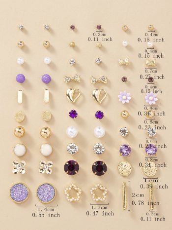 30pairs Fashionable CZ Pearl Heart Shaped Ear Studs Set With Metal Flower & Geometric Design, Suitable For Women To Wear Daily, A Gift For Holidays Or Jewelry Accessory Valentines,Mom,Mother,Mother's Day,Gift