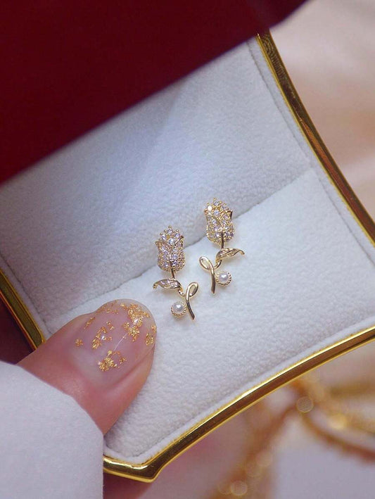 1pair Fashionable Romantic Small Rose Flower & Faux Pearl Stud Earrings For Women, Vacation Style Valentines,Mom,Mother,Mother's Day,Gift