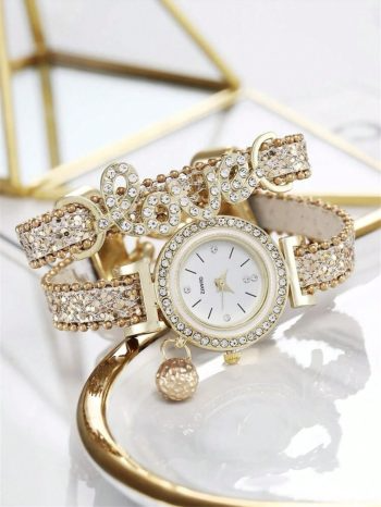 1pc Rhinestone Decor Quartz Watch &amp; 2pcs Bracelet Holiday As A Gift For Students Returning To School