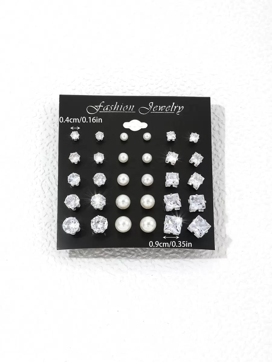 15pairs/Set Cubic Zirconia & Faux Pearl Decor Stud Earrings