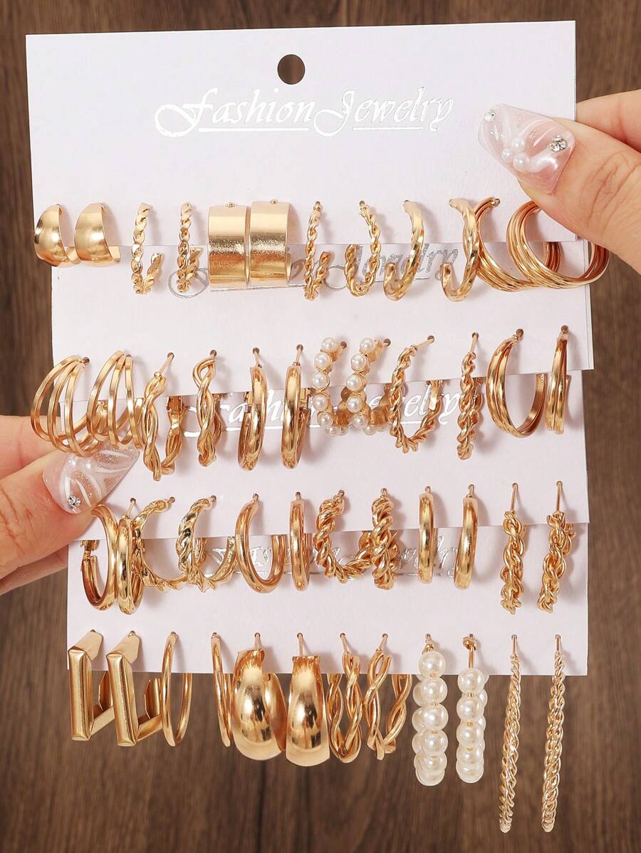 48pcs/Set Fashionable Faux Pearl Twist Design Wide Multilayer Earrings, Perfect For Party, Date, Gift And Daily Wear