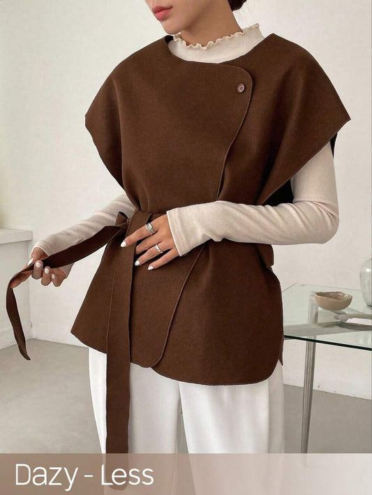 Dazy-Less Casual Solid Color Jacket, Autumn/Winter, Ladies Spring/Fall Casual Belted, Button Batwing Sleeve Round Neck Loose Brown Plain Women Overcoats, Casual Daily Wear