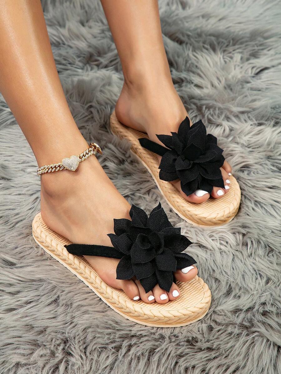 Women's Fashion Black Peony Decor Summer Shoes, Woven-Style Flat Shoes, Casual Beach Ladies' Sandals With -Like Soles And Flip Flops