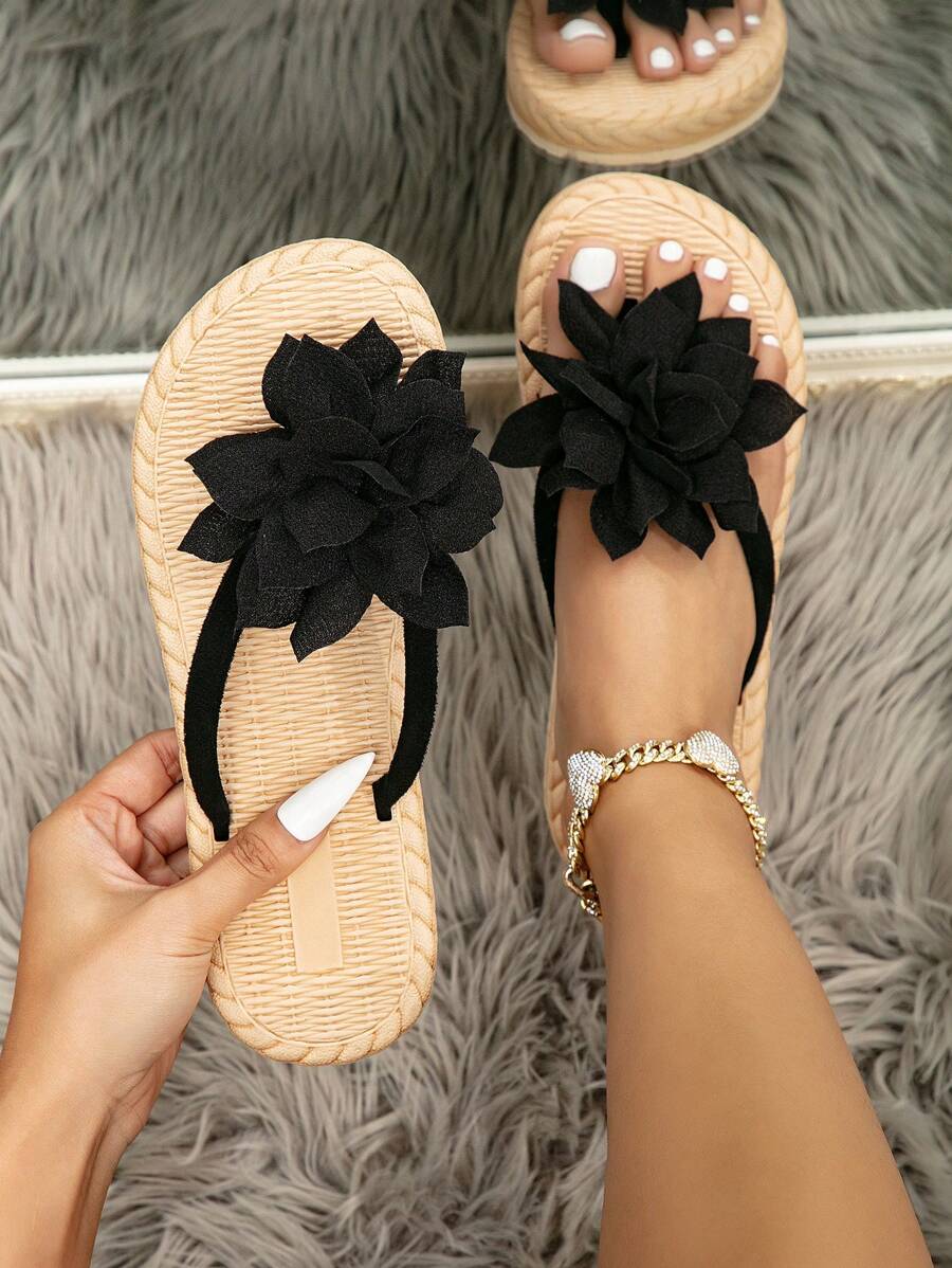Women's Fashion Black Peony Decor Summer Shoes, Woven-Style Flat Shoes, Casual Beach Ladies' Sandals With -Like Soles And Flip Flops