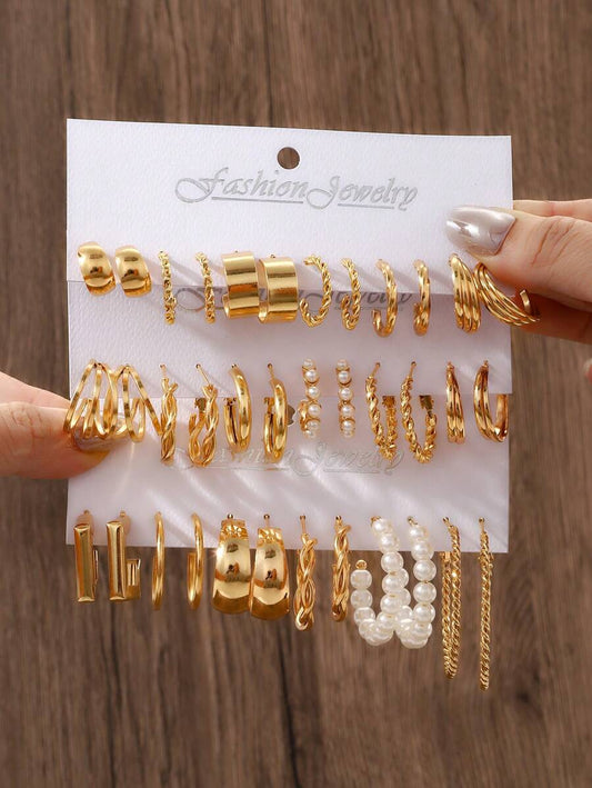 48pcs/Set Fashionable Faux Pearl Twist Design Wide Multilayer Earrings, Perfect For Party, Date, Gift And Daily Wear