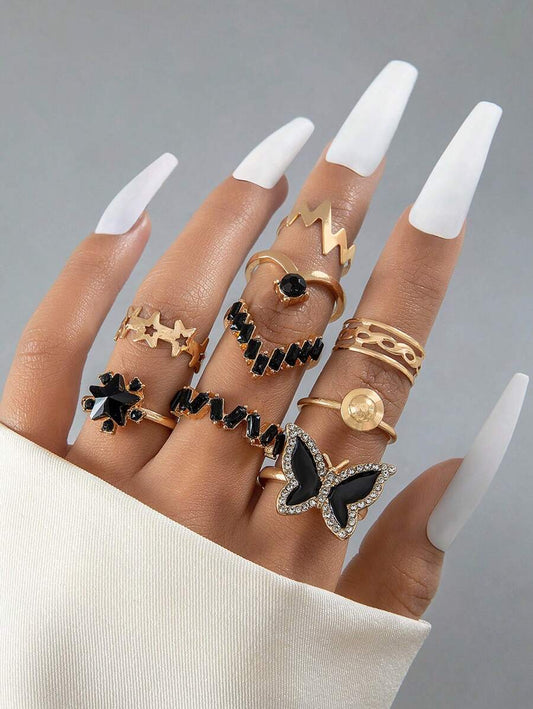 imoli 9pcs Simple & Elegant Alloy Butterfly & Star Design Open Ring Set With Rhinestone & Oil Drop Detail For Women, Great Gift For Dating (artificial Oil Dropping Color Adjustment, Slight Color Difference Among Batches)