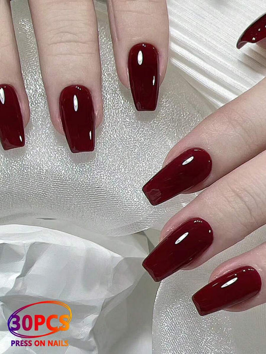 30pcs Short Coffin Shaped Cherry Red Solid Color Press On Nails, With 1pc Nail File And 1pc Jelly Glue