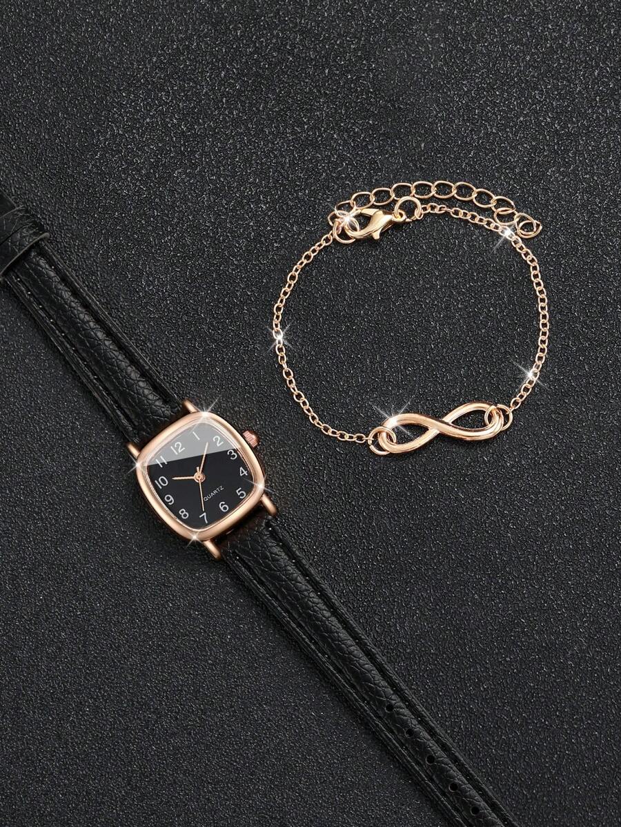 Women's Fashionable Square Case Numerals Dial Quartz Watch With Leather Strap + 8-Shape Bracelet (2pcs/Set) As A Gift For Students Returning To School
