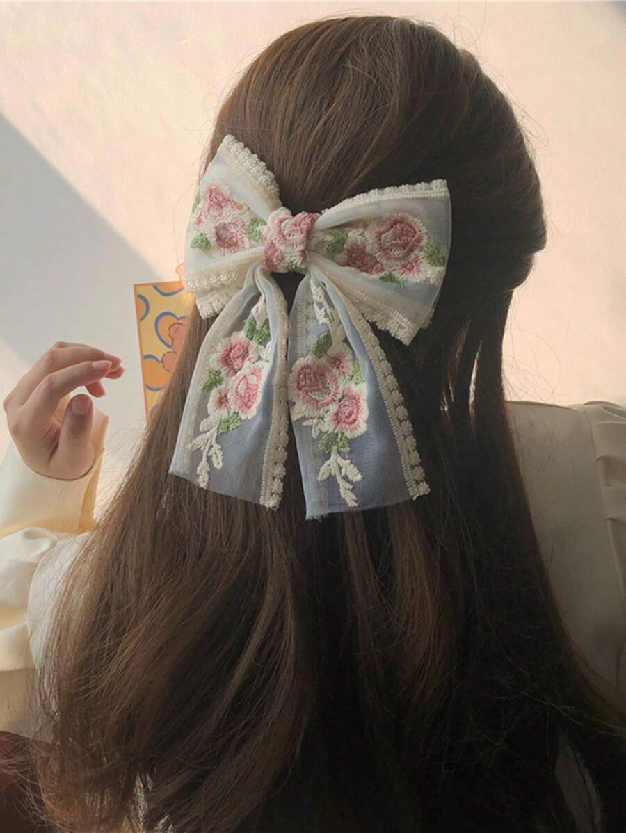 1pc Lace Rose Flower Bow Hair Clip, Fresh Sweet Style Decorated With Rhinestones