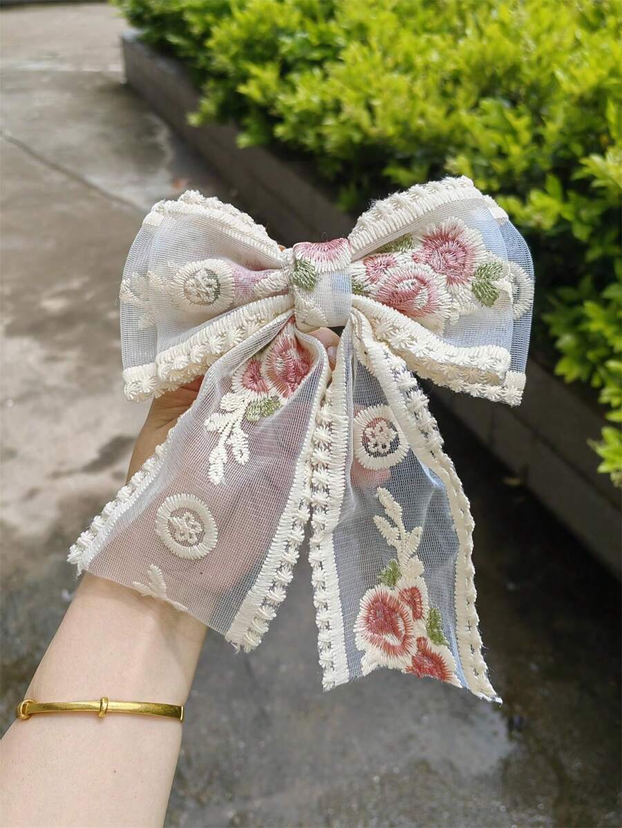 1pc Lace Rose Flower Bow Hair Clip, Fresh Sweet Style Decorated With Rhinestones
